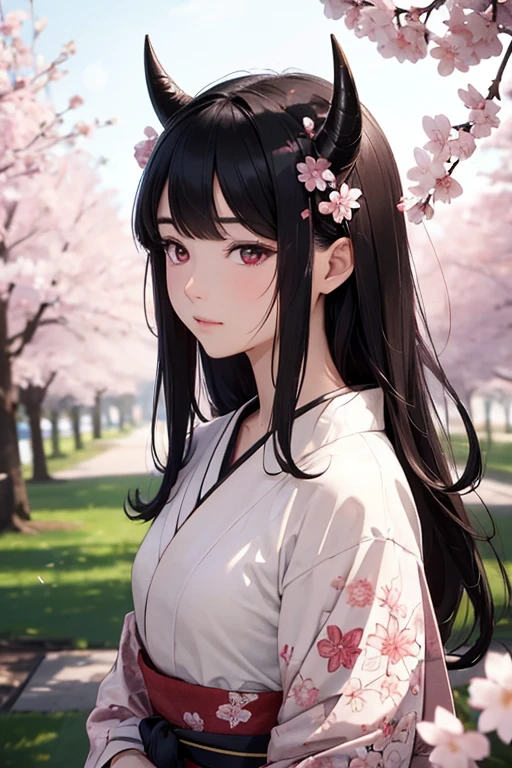 masterpiece, highest quality, Very detailed, Intricate details, High resolution, Beautifully detailed face and eyes, High resolutionのイラスト, 8k, Depth of written boundary, alone, 1人のmale性,30代male性、Black Hair、Sharp but sad eyes、Horns growing、Red eyes、kimono,Background is cherry blossoms,Petals are dancing,View your viewerale