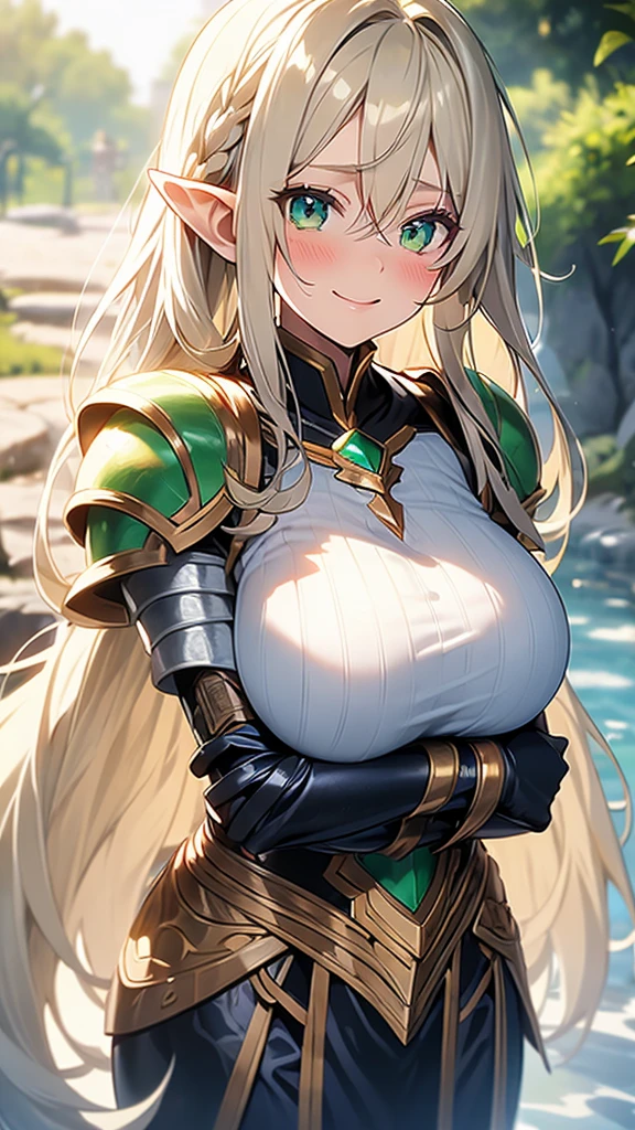 1 person, Elf Girl, Long blonde hair, Green Eyes, Show your forehead, big breasts, Heavy silver armor, Gauntlet, Shoulder pads, View your viewers, Blushing, Smiling Kindly, Wet lips, look carefully,