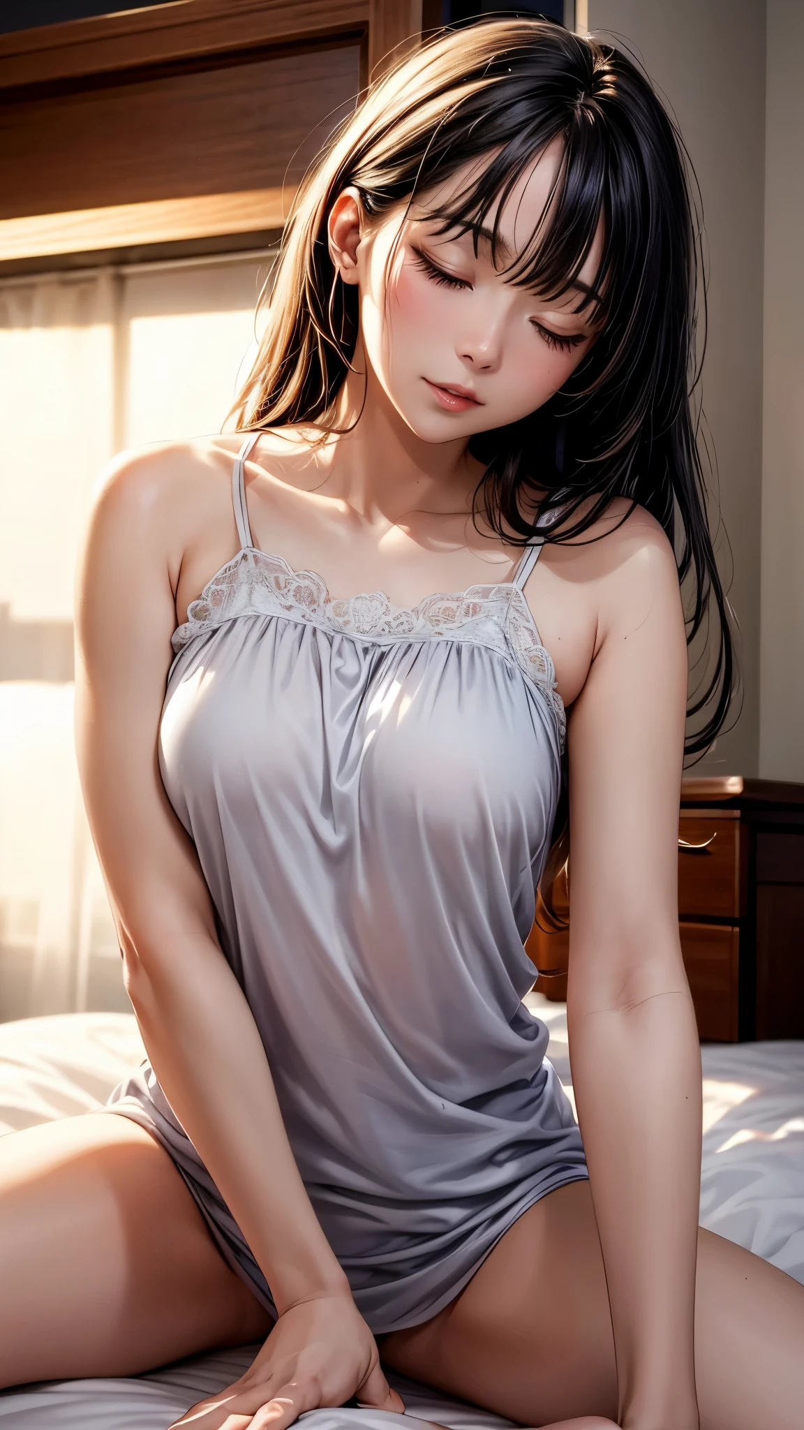 highest quality、4K quality、Man sleeping in bed、Woman rides on top of man、a man puts his hand inside a woman's clothes、sexual intercourse、The woman is slender、Woman Nightgown