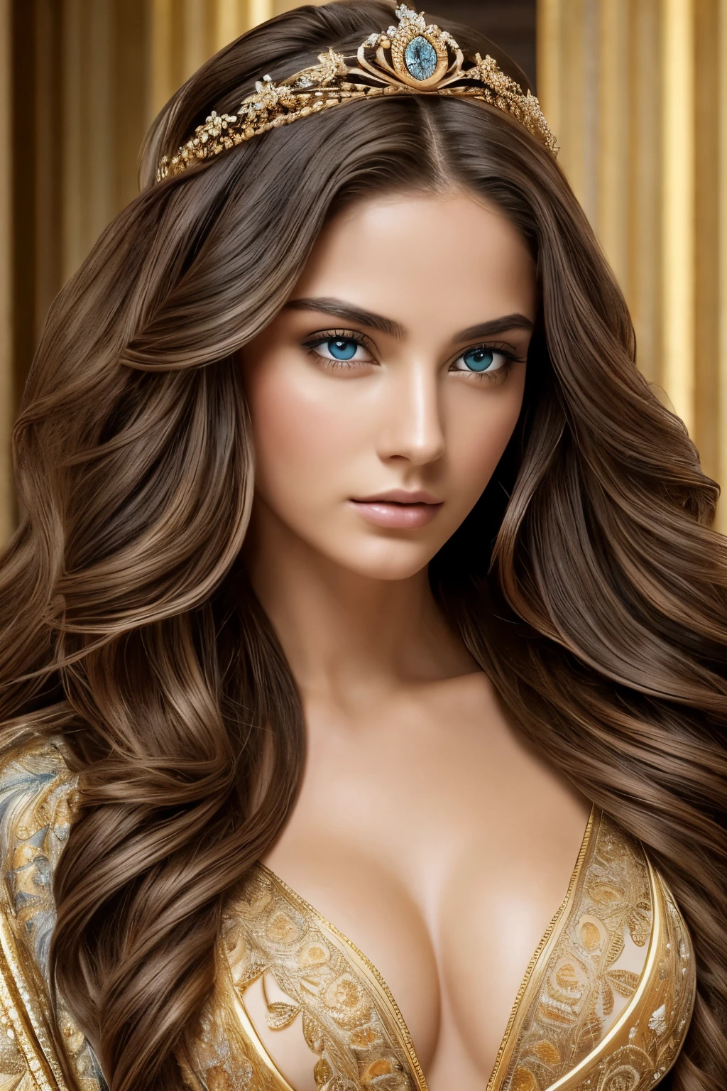 Absurd, ultra-detailed, high quality, masterpiece, detailed face, beautiful eyes(detailed eyes), Greek mythology, Goddess, Hera , the queen of the gods, striking and captivating, features are classically beautiful, with high cheekbones, a perfectly proportioned face, eyes depicted as large and captivating, hold an intense gaze, golden hair , Gole hair is luxuriant and flowing, cascading down her back in waves , wearing elegant robes adorned with intricate patterns , Her beauty is not merely superficial but embodies the essence of power, authority, and regality, good open breast, good booty, much torn in clothes, view to knee, many torn in clothes, view to thigh, cluster skin