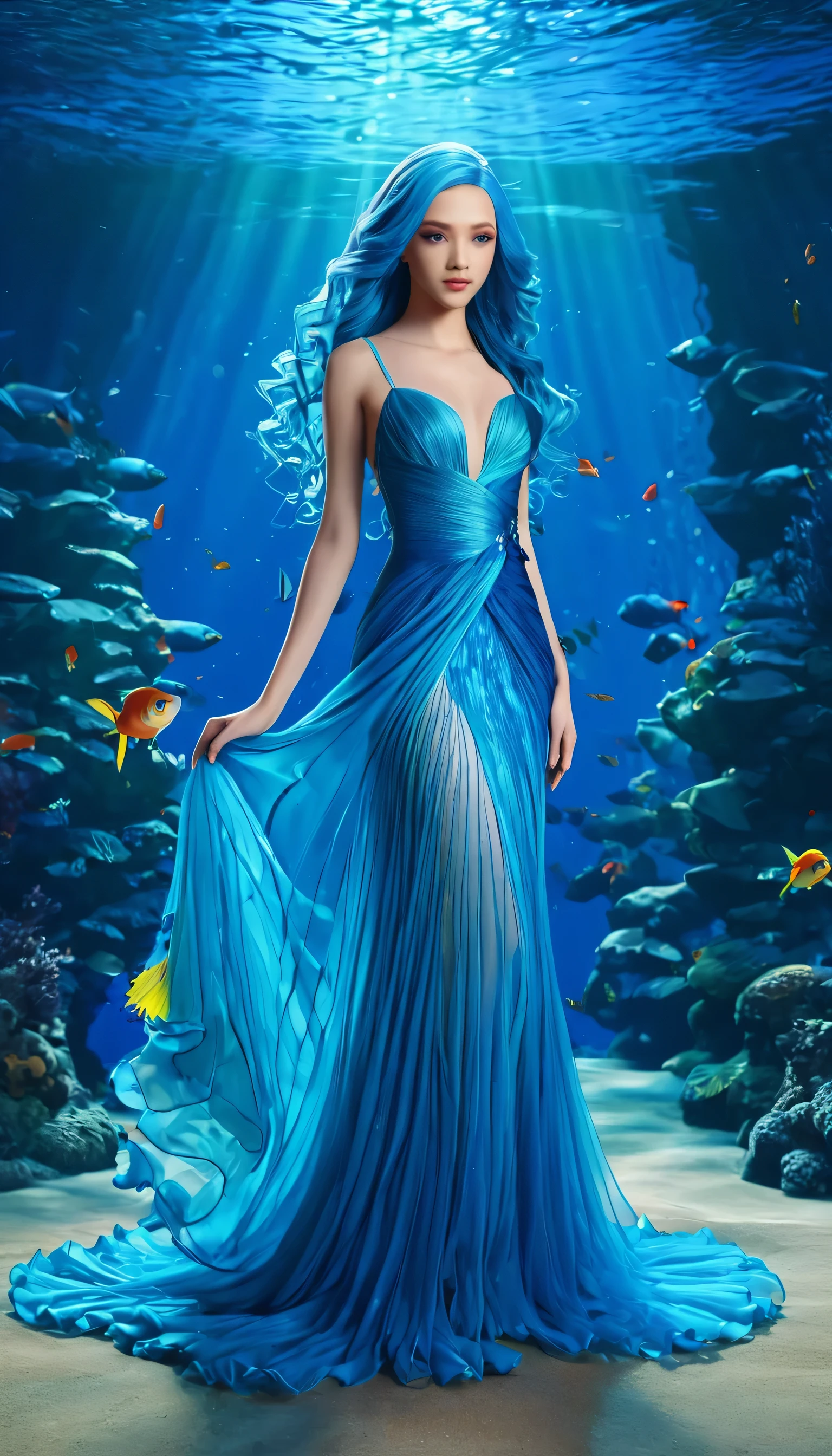 A character with long, flowing blue hair cascading around them, their eyes a matching shade of blue, dressed in a watery gown that seems to be made of liquid itself. They reside in an underwater world teeming with colorful fish, creating a mesmerizing backdrop. It's a stylish, cute, and visually striking scene, perfect for a highly detailed, ultra-high-definition realistic with digital cel realism. Hyper realistic 12K HD