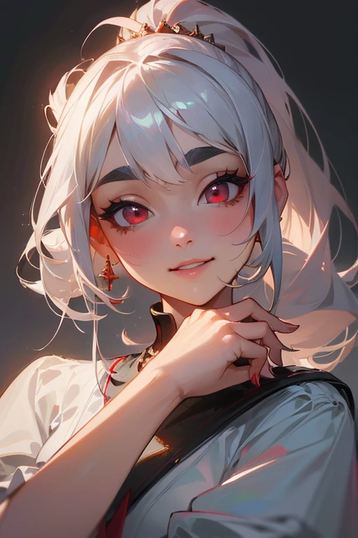 (highest quality, masterpiece:1.2), High resolution, Very detailed, Realistic:1.37, Fantasy, An illustration,Gray Hair、 Red eyes、Queen, White Dress、Platinum decoration、beautifully、Eyeshadow Red、Thick eyebrows、Long eyelashes、pupils are black、shiny on the lips、Top Sites、Queen、Princess、ponytail、A kind smile、Show your teeth a little and smile、Soft impression、people々々々々Loved by、Rose in hand、