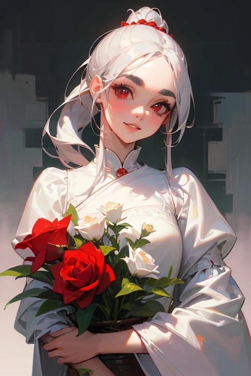 (highest quality, masterpiece:1.2), High resolution, Very detailed, Realistic:1.37, Fantasy, An illustration,Gray Hair、 Red eyes、Queen, White Dress、Platinum decoration、beautifully、Eyeshadow Red、Thick eyebrows、Long eyelashes、pupils are black、shiny on the lips、Top Sites、Queen、Princess、ponytail、A kind smile、Show your teeth a little and smile、Soft impression、people々々々々Loved by、Rose in hand、