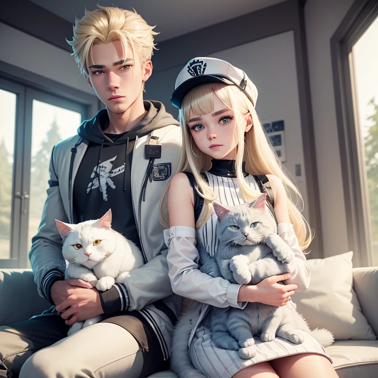 A blonde age girl proudly holding his white & gray ragdoll cat on his lap, cute, fortnite style