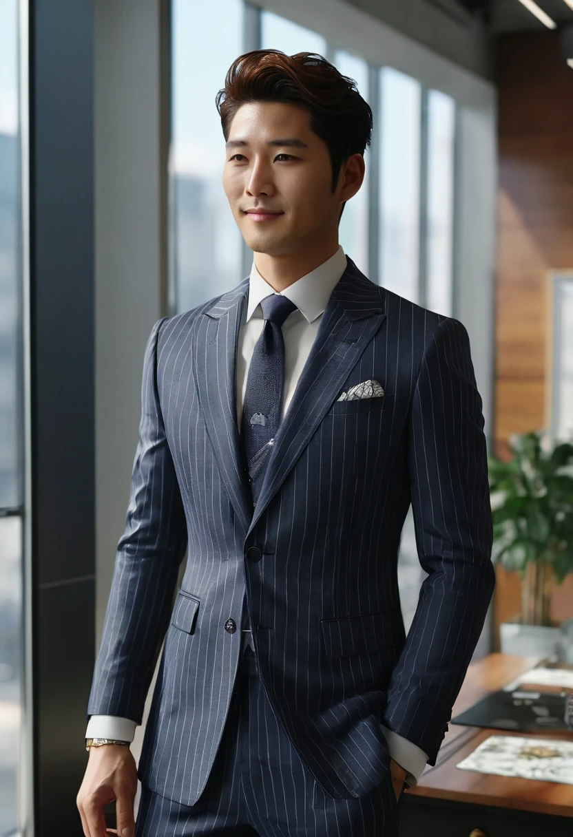 The 28-year-old refreshing and handsome employee has a smile on his face(real photos)(Natural light on face)、(Super handsome guy in S-class suit)、Japanese 28-year-old man、 merchant、suit、striped suit、Office floor-to-ceiling windows、 S class young handsome man standing in suit、(High-detail photos from CG Unity 8K)、(top quality)、Super detailed、(masterpiece)、 Ultra high quality、(masterpiece)、Ultra high quality、very beautiful hair、bright photos、As handsome as a model、As handsome as an idol、luxury watches.