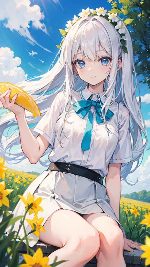 White hair，Long hair，Bangs，Bangs整齐，Green headband，Gray eyes，girl，cute，laughing expression，Happy and happy expression，White shirt，skirt，Sit on the ground and play，whole body，Don't show your arms，Background with daffodils，Lots of daffodils，Blue sky and white clouds