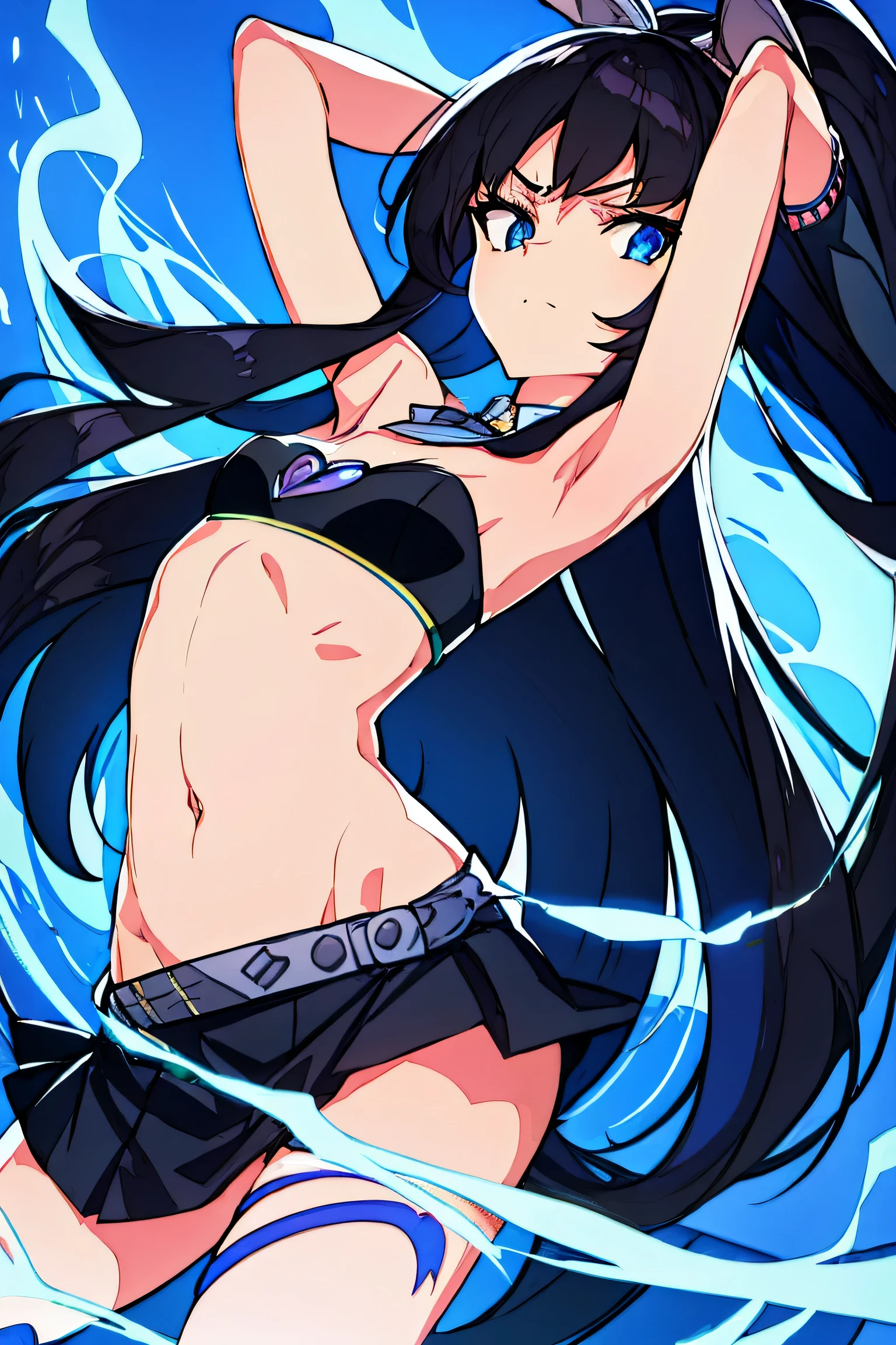 Flat chest, bra bunny suit, mini skirt, navel, smooth belly, long black hair, sharp blue eyes, midriff, wrist cuffs, both arms up