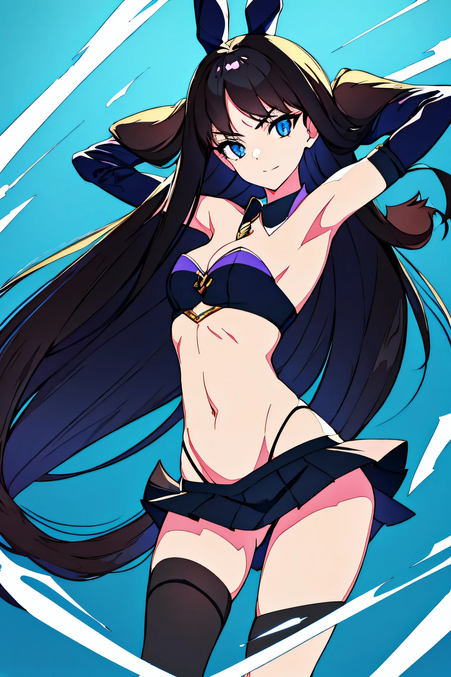 Flat chest, bra bunny suit, mini skirt, navel, smooth belly, long black hair, sharp blue eyes, midriff, wrist cuffs, both arms up