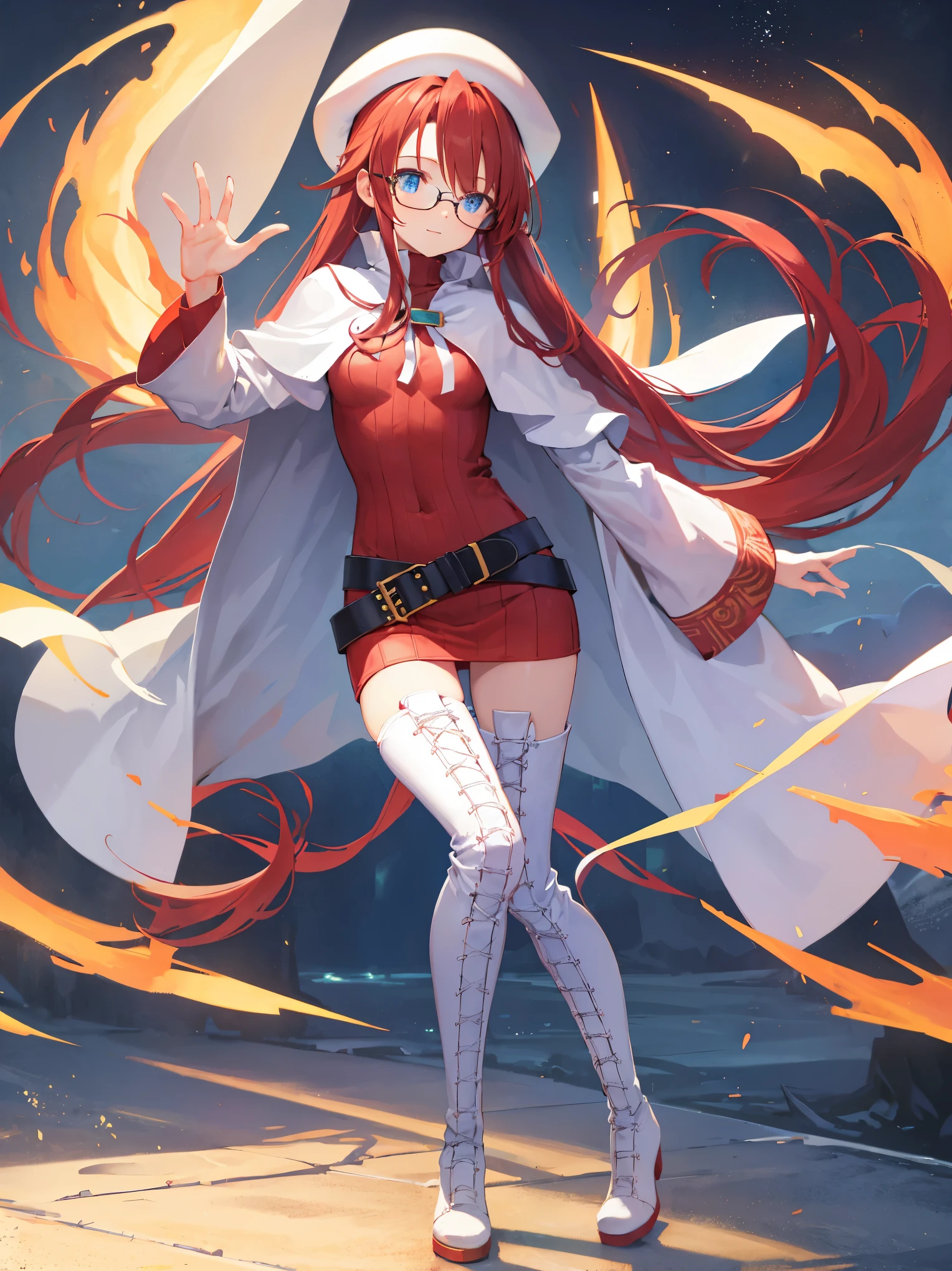 summonnightaty, aty, long hair, blue eyes, red hair, beret, hat, glasses,
BREAK long hair, thighhighs, hat, dress, boots, glasses, belt, cape, sweater, zettai ryouiki, beret, thigh boots, white footwear, ribbed sweater, loose belt,solo,
BREAK outdoors, fantasy,on_a_ship,
BREAK (masterpiece:1.2), best quality, high resolution, unity 8k wallpaper, (illustration:0.8), (beautiful detailed eyes:1.6), extremely detailed face, perfect lighting, extremely detailed CG, (perfect hands, perfect anatomy),covered_nipples,covered_navel,light_smile ,(half_eyes:1.4),long_sword,edge,armpit,sleepy,dynamic_standing,red_sweater,apart_legs,magical_effect,pulmp,big_tits,light_open_mouth,prepare_a_sword