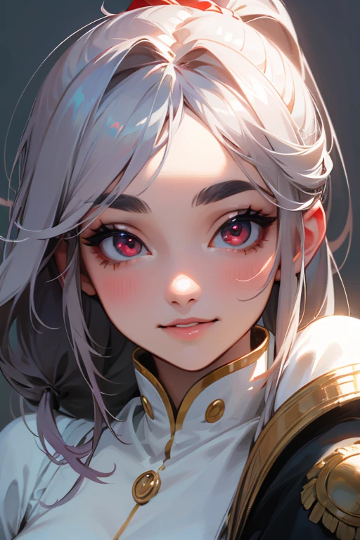 (highest quality, masterpiece:1.2), High resolution, Very detailed, Realistic:1.37, Fantasy, An illustration,Gray Hair、 Red eyes、Queen, White Dress、Platinum decoration、beautifully、Eyeshadow Red、Thick eyebrows、Long eyelashes、pupils are black、shiny on the lips、Top Sites、Queen、Princess、ponytail、A kind smile、Show your teeth a little and smile、Soft impression、people々々々々Loved by、