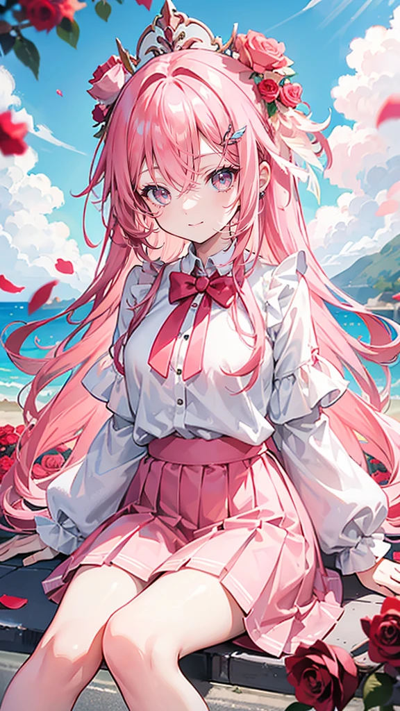 Coral pink hair,Long hair,hair over one eye,Gray eyes,feather hair ornament,cute,Girl,laughing expression,,Happy and happy expression,White shirt,skirt,Sit on the ground and play,whole body,Don't show your arms,Roses in the background,Lots of roses,Blue sky and white clouds