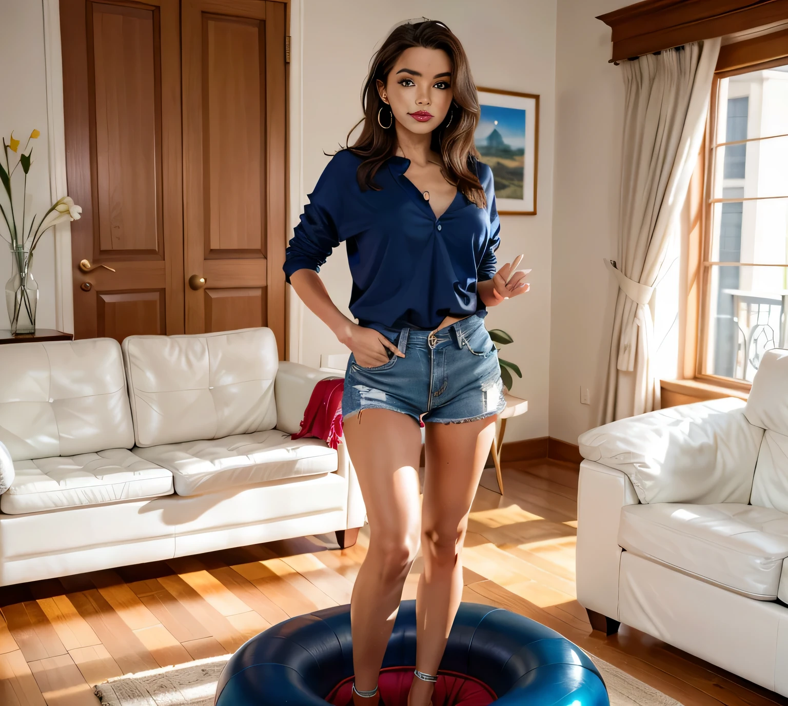 woman standing on a trampol in a living room with a couch, bouncing, close full figure, jumping, indoor, ,foto realista. Thin waist. Her body exudes glamor and her face is the definition of beauty. Test, highly realistic, reddish skin, beautiful, slightly full lips, red lipstick, feeling of lightness and joy, hyper-realism, very elaborate skin, direct look. Full body photo, clear and high quality photo. Beautiful woman, extremely sexy, very sensual. Masterpiece: 1.3, high resolution, (photographically realistic), 8k, NUDE, NUDITY, NFSW