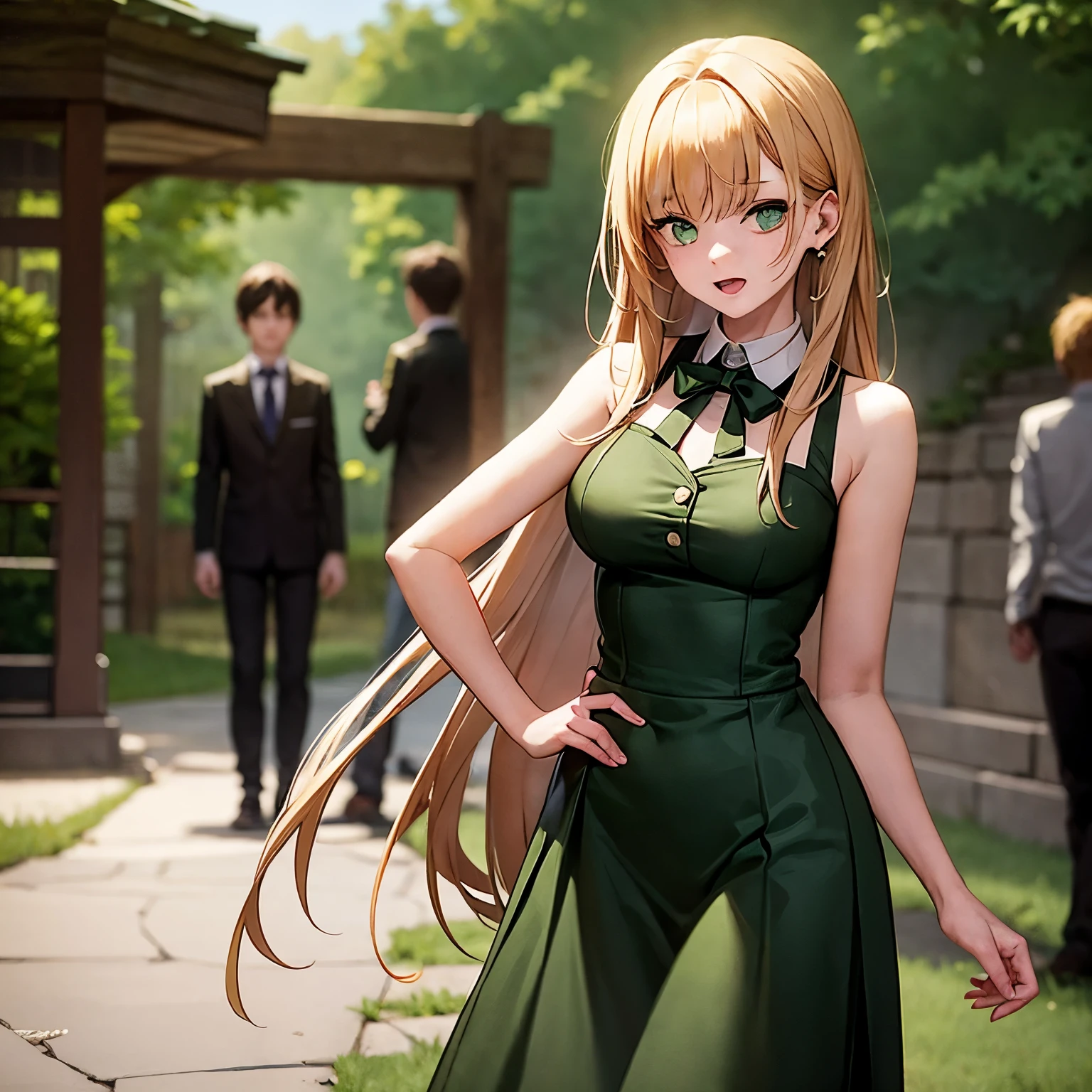 There  are boy and girl taking each other and the girl with green rebbon in the neck(make it creepy)