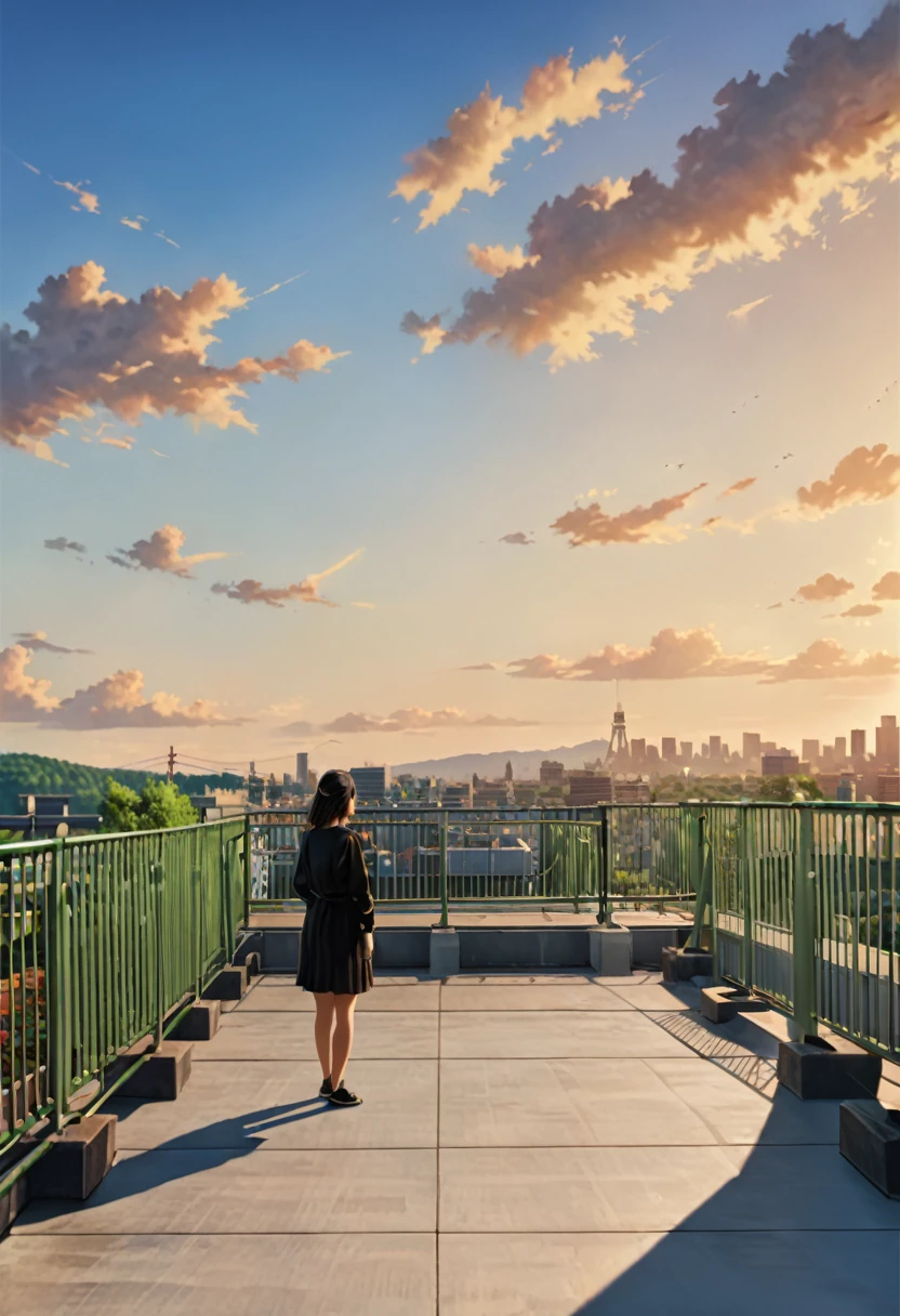 1girl,Person Standing on the Rooftop,aesthetic,okujyou,scenery,sky,fence,cloud,blue sky,outdoors,rooftop,building,day,cityscape,shadow,chain-link fence,city,(best quality,4k,8k,highres,masterpiece:1.2),ultra-detailed,(realistic,photorealistic,photo-realistic:1.37),HDR,UHD,studio lighting,ultra-fine painting,sharp focus,physically-based rendering,extreme detail description,professional,vivid colors,bokeh,portraits,landscape,colorful,overlooking,serene,peaceful,tranquil,sunlit,contemplative,striking silhouette,picturesque scenery,immersive,dreamy ambiance,sophisticated styling,elegant,touch of nostalgia,lush greenery,relaxing atmosphere