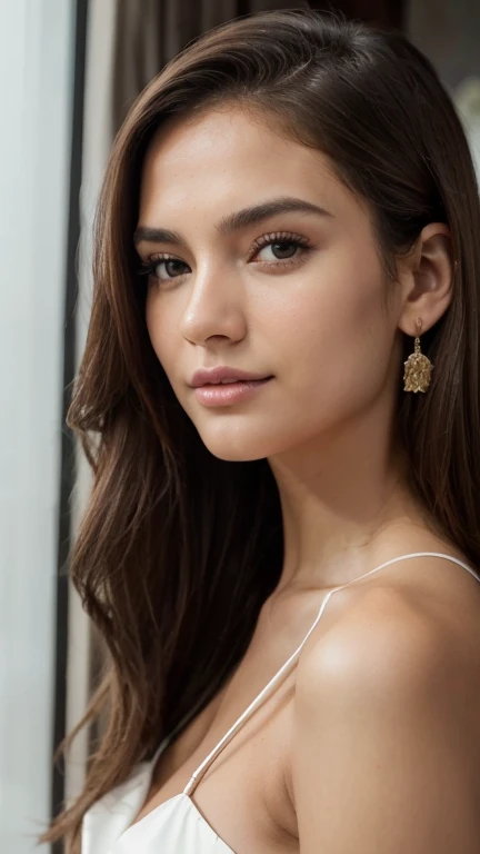 RAW portrait photo of 1 brunette woman with long hair, imagem de perfil, Supermodelo brasileira, morena com cabelos loiros tingidos, seminua, in a floral strap dress, soio, revela seu corpo, transparente, sentada em uma cama de um quarto de hotel de luxo, altamente detalhado, skin imperfections:1.1), detalhada, specular illumination, DSLR, ultra qualidade, sharp focus, grain of film, Sharp features, soft natural lighting, magic photography, natural lightting, Foto realism, ultra-detalhado, 8k, melhor qualidade, Ultra Alto Nadaolution, (fotorrealista: 1.4), high resolution, detalhada, foto crua, sharp re, (8k, 4k, melhor qualidade, alto, Ultra alto nada:1.1), (obra-prima, realista, realista:1.1), Estilo Raw 50