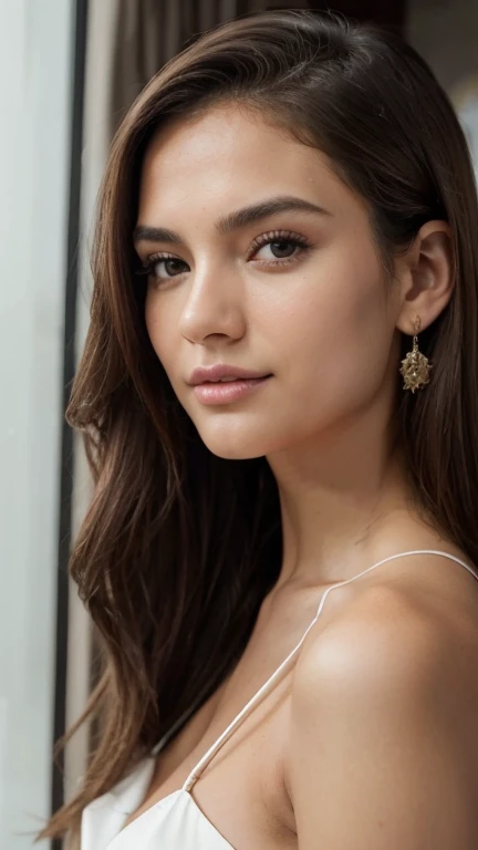 RAW portrait photo of 1 brunette woman with long hair, imagem de perfil, Supermodelo brasileira, morena com cabelos loiros tingidos, seminua, in a floral strap dress, soio, revela seu corpo, transparente, sentada em uma cama de um quarto de hotel de luxo, altamente detalhado, skin imperfections:1.1), detalhada, specular illumination, DSLR, ultra qualidade, sharp focus, grain of film, Sharp features, soft natural lighting, magic photography, natural lightting, Foto realism, ultra-detalhado, 8k, melhor qualidade, Ultra Alto Nadaolution, (fotorrealista: 1.4), high resolution, detalhada, foto crua, sharp re, (8k, 4k, melhor qualidade, alto, Ultra alto nada:1.1), (obra-prima, realista, realista:1.1), Estilo Raw 50