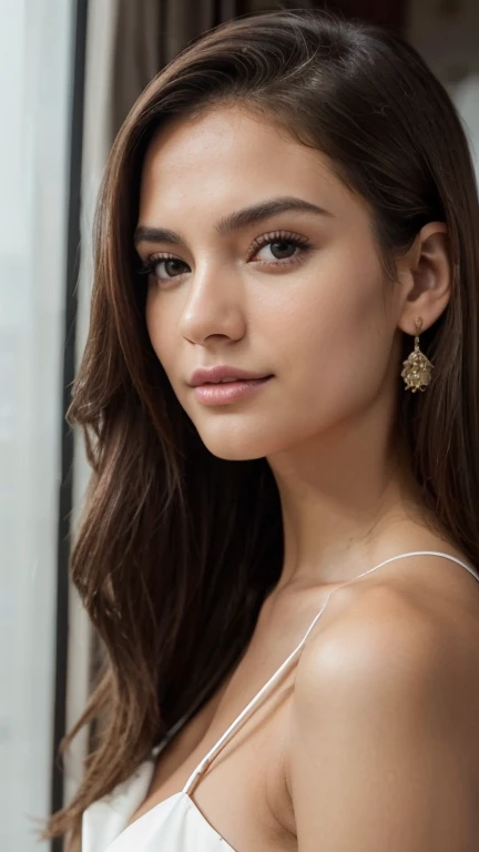 RAW portrait photo of 1 brunette woman with long hair, imagem de perfil, Supermodelo brasileira, morena com cabelos loiros tingidos, seminua, in a floral strap dress, soio, revela seu corpo, transparente, sentada em uma cama de um quarto de hotel de luxo, altamente detalhado, skin imperfections:1.1), detalhada, specular illumination, DSLR, ultra qualidade, sharp focus, grain of film, Sharp features, soft natural lighting, magic photography, natural lightting, Foto realism, ultra-detalhado, 8k, melhor qualidade, Ultra Alto Nadaolution, (fotorrealista: 1.4), high resolution, detalhada, foto crua, sharp re, (8k, 4k, melhor qualidade, alto, Ultra alto nada:1.1), (obra-prima, realista, realista:1.1), Estilo Raw 50