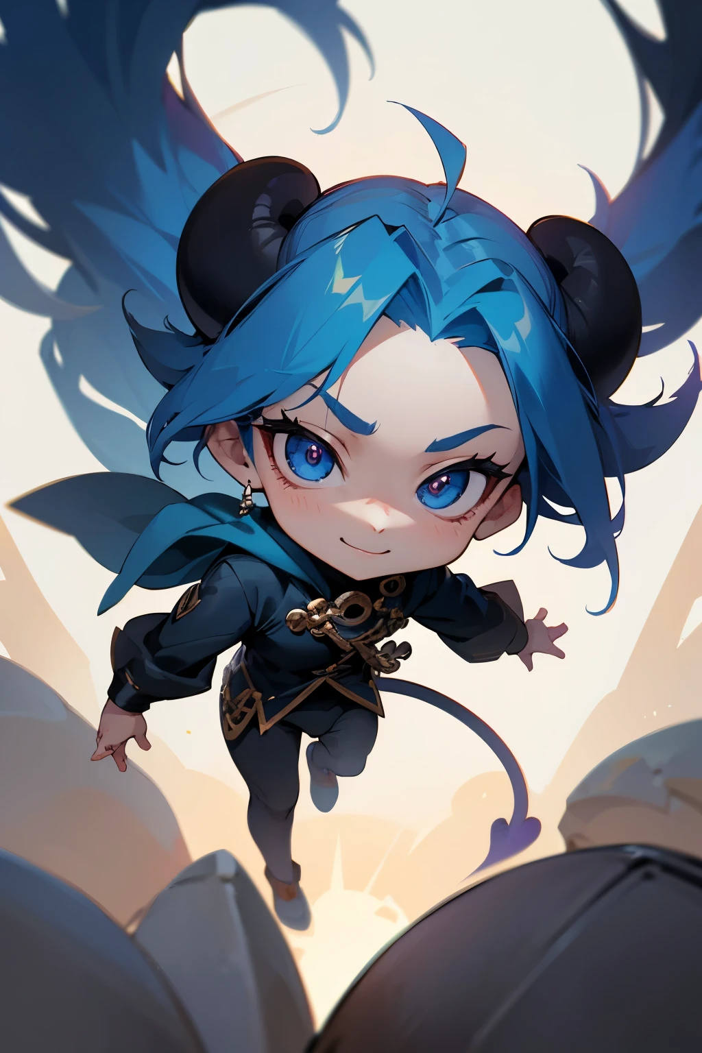 boy, full body, cartoon style, chibi style, cute, monkey tail, Demon horns from the forehead, beautiful face, smile, blue color eye, beautiful eye, high detailed pupil, double eyeylid, high detailed skin, high quality skin, blue color hair, black clothes, masterpiece,