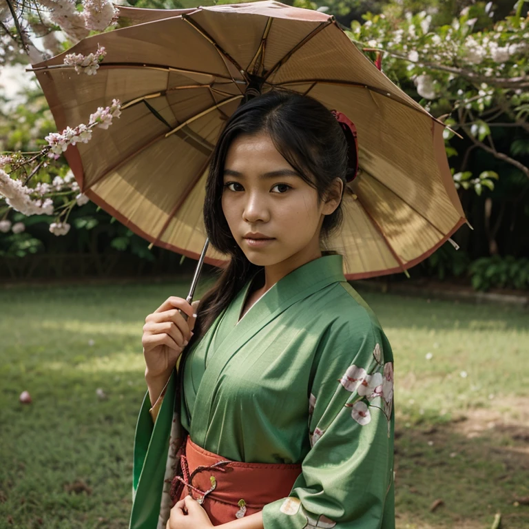 A 15 year old Indonesian woman, wearing a green kimono, holding an umbrella, cherry tree background, realistic.