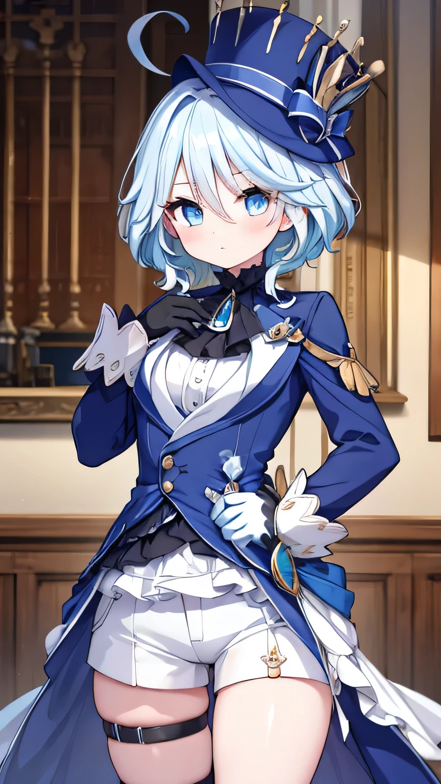 furina, blue eyes, blue hair, cowlick, ahoge, hair over one eye, light blue hair, short hair,asymmetrical gloves, black gloves, frills, gloves, half gloves, hat, shorts, tailcoat, thigh strap, top hat, white gloves, white shorts,(absurdres, ultra detailed, texture:1.2),highres,(masterpiece),(best quality),(delicate illustration) BREAK solo,1girl,hands on chin