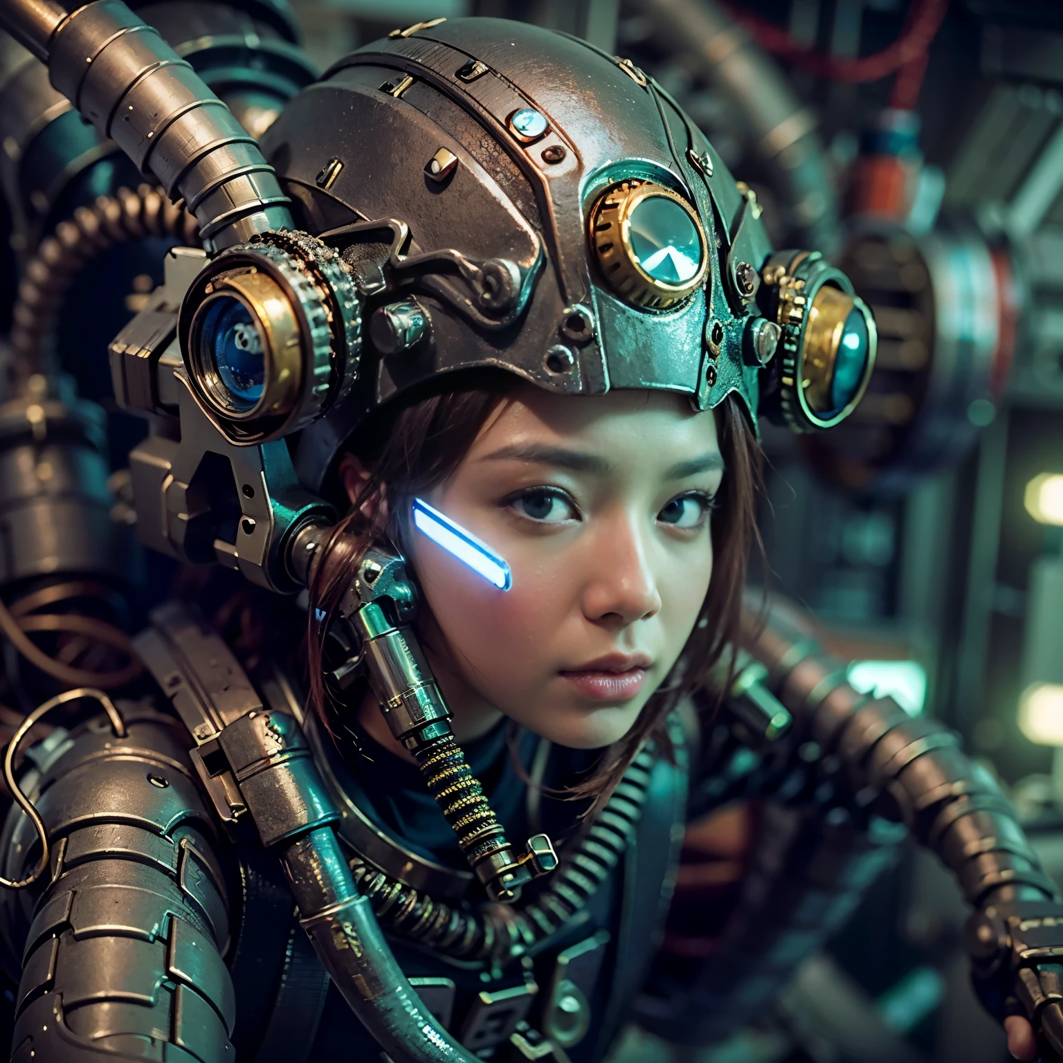 (masterpiece, best quality:1.2), (8k uhd, 16k, 32k, ultra high resolution), (photorealistic:1.37), (raw photo), ultimate realistic, ultimate realistic detail, ultimate realistic texture, ultimate complex detail, ultimate realistic lighting, ultimate realistic shadow, ultimate realistic skinUltimate Realistic Eyes, (Mechanical:1.4) (octopus based mechanical armor), power pipe, hydraulic cylinder, ultimate intricate detail, japanese female soldier in mechanical armor, ultimate cute face, very beautiful face, realistic, full body shot, sailing out of a secret base, cyberpunk