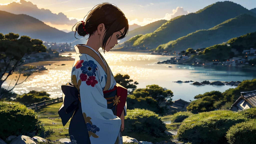 Japanese countryside, bathed in the soft glow of the setting sun, evokes a sense of nostalgia and peace of mind. In the distance, a girl is visible against the backdrop of the coastal landscape. Clad in traditional Japanese attire, she seems lost in thought, her expression serene as she gazes out at the blue sky and tranquil waters. The intricate details of her clothing, from the delicate patterns on her kimono to the folds in her obi, are captured in the ultra HDTV's 8K resolution. Her eyes, with their long lashes and subtle expression, are highlighted by the cinematographic lighting, while her Detailed facial features, with their accurate anatom