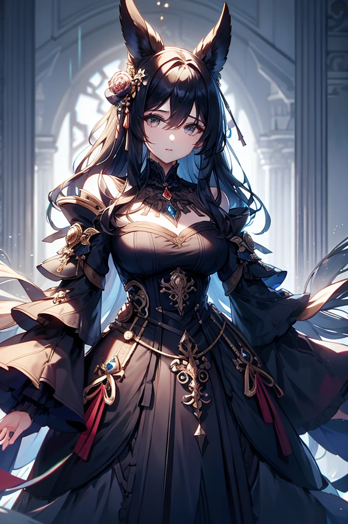 Anime girl, black hair with blue gradient at the tips, eyes with blue and gold heterochromia, blue and black Renaissance dress with gold details, on a black background