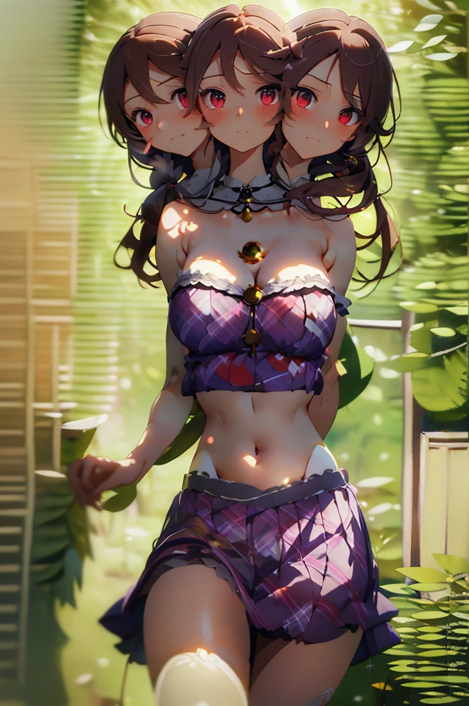(masterpiece, best quality), best quality, (ultra-detailed), (3heads:1.5), 1girl, (sumireko usami:1.3), masterpiece, best quality, ultra quality, ultra resolution, ultra detail, purple plaid top, crop top, ((stomach)), midriff, ((groin)), purple plaid skirt, normal ears, shackles, brown hair, shoulder-length hair, pigtails, very long hair, wavy hair, sidelocks, brown eyes, detailed eyes, parted lips, sweat, cute, toned belly, hand on own chest, eyelashes, (24 year old woman:1.3), (masterpiece:1.5), (best quality:1.5), (beautiful detailed), extremely detailed CG, extremely delicate and beautiful, depth of field, (finely detailed face), (perfect details:1.2), (mature female:1.3), wide pelvis, slender, large veiny breast, 16k resolution, highres, very high quality, very high definition, extremely detailed, masterpiece, brown hair, long hair, alluring presence, braid, short skirt, close up, big tits, young,