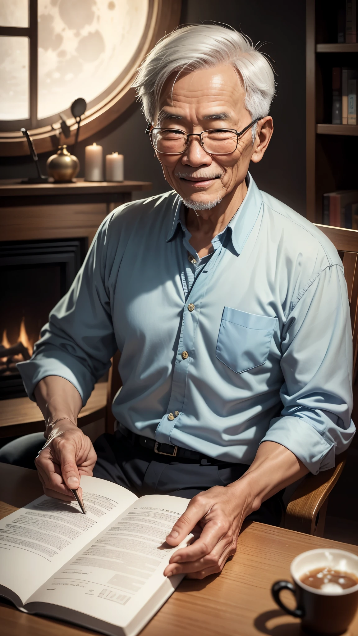 An old Asian man, about sixty years old, smiling appearance, mắt nhìn thẳng vào máy ảnh. He was sitting at a table with books and a place on the board. He was in a cozy room with a fireplace behind him and a large glass window behind which was a beautiful small golden moon., Comic book style, 4k rendering, uhd, octan.