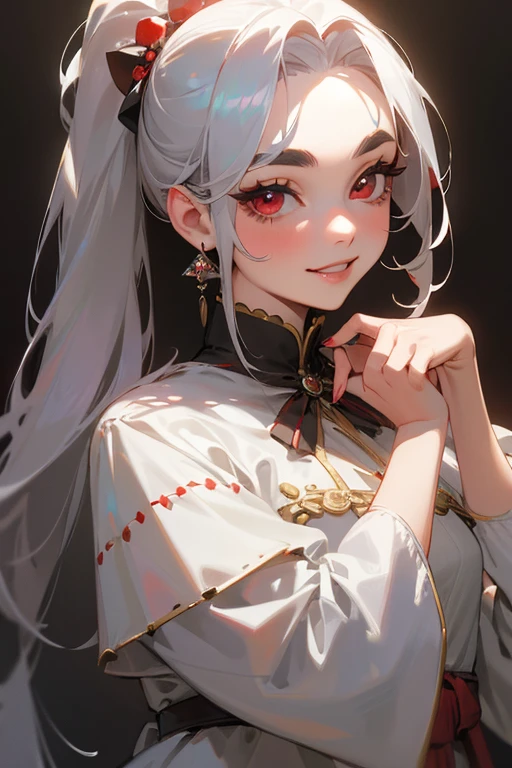 (highest quality, masterpiece:1.2), High resolution, Very detailed, Realistic:1.37, Fantasy, An illustration,Gray Hair、 Red eyes、Queen, White Dress、Platinum decoration、beautifully、Eyeshadow Red、Thick eyebrows、Long eyelashes、pupils are black、shiny on the lips、Top Sites、Queen、Princess、ponytail、A kind smile、Show your teeth a little and smile、Soft impression、people々々々々Loved by、