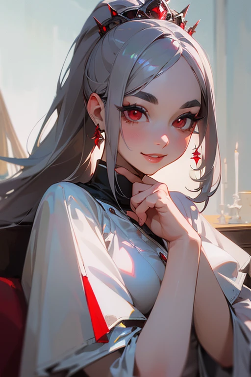 (highest quality, masterpiece:1.2), High resolution, Very detailed, Realistic:1.37, Fantasy, An illustration,Gray Hair、 Red eyes、Queen, White Dress、Platinum decoration、beautifully、Eyeshadow Red、Thick eyebrows、Long eyelashes、pupils are black、shiny on the lips、Top Sites、Queen、Princess、ponytail、A kind smile、Show your teeth a little and smile、Soft impression、people々々々々Loved by、