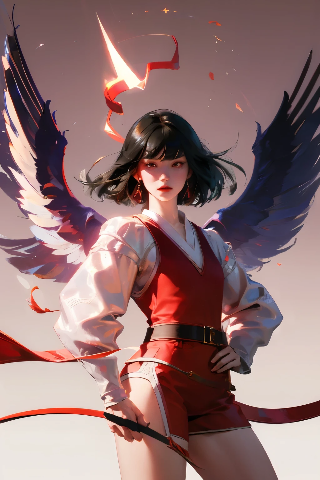 masterpiece, best quality, Super detailed, CG illustration, high resolution, Better lighting, The best shadow, Extremely refined, Proper shade, HD, 8k, Ray Tracing, Ultra-detailed and clear background, Perfect lighting, anime style, Inspired by games《Magic King of Fighters》: Ruby House (Tengu, Winged Mountain God, Provocation, Red and White), strength, Samurai Punk, Solitary, 1 female, Black Hair, Red Eyes,  aldult, Belt tassels,