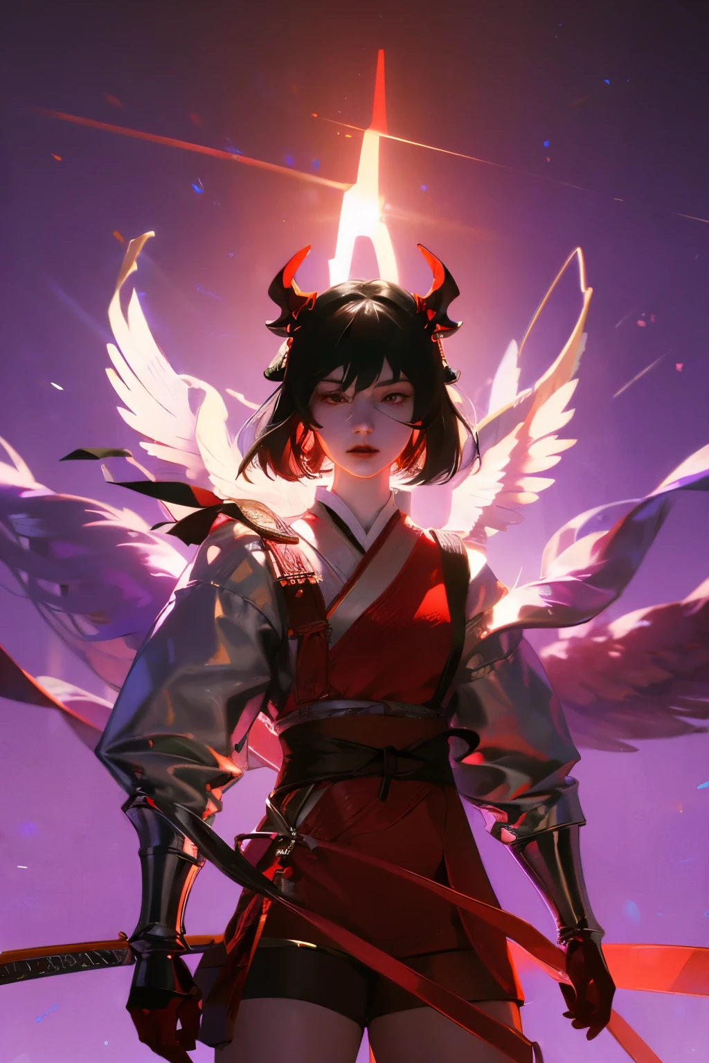 masterpiece, best quality, Super detailed, CG illustration, high resolution, Better lighting, The best shadow, Extremely refined, Proper shade, HD, 8k, Ray Tracing, Ultra-detailed and clear background, Perfect lighting, anime style, Inspired by games《Magic King of Fighters》: Ruby House (Tengu, Winged Mountain God, Provocation, Red and White), strength, Samurai Punk, Solitary, 1 female, Black Hair, Red Eyes,  aldult, Belt tassels,