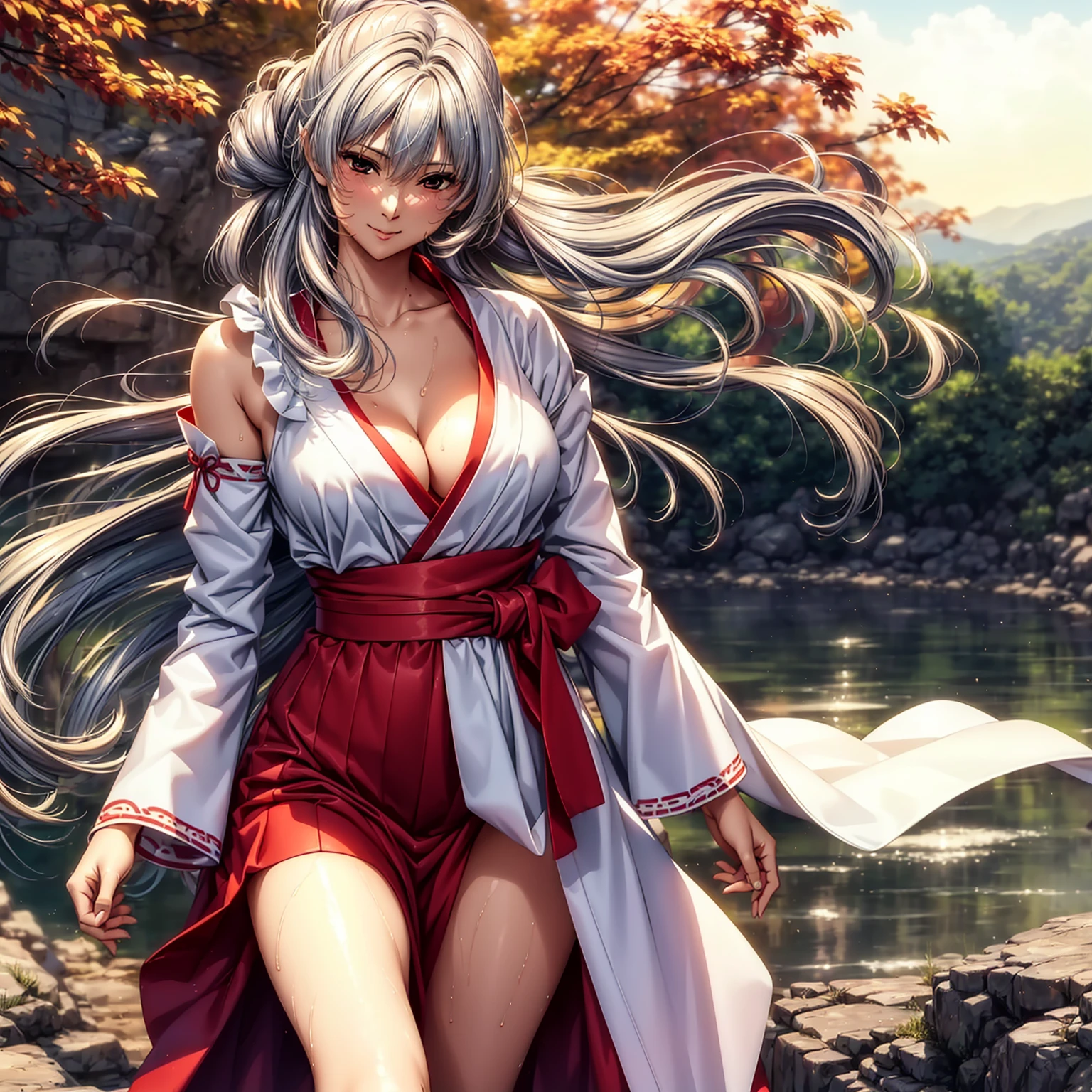 (((highest quality、masterpiece、Very high resolution、High-definition images)))、Beauty Painting、(One strong, beautiful woman:18-year-old、Beautiful body:Slender, beautiful breasts and beautiful legs、Beautiful Face:smile、eyes with strong will,Beautiful Hair)、best skin and hair texture,Realistic skin texture,realistic hair texture、(Shrine maiden costume,Miko costume:White:scarlet hakama,Crane pattern,Hair tie,I can see your chest,Clothes are wet)、Beautiful shrine、Beautiful hot springs、Beautiful sky、Natural light、Beautiful viewodel shoot、Gravure photoshoot、(((The wind is blowing))),Accurate Images:1.5、Accurate anatomy:1.5、Flawless images、Perfect image、Overall image、(Best Shot、Raw photo、Photorealistic)1