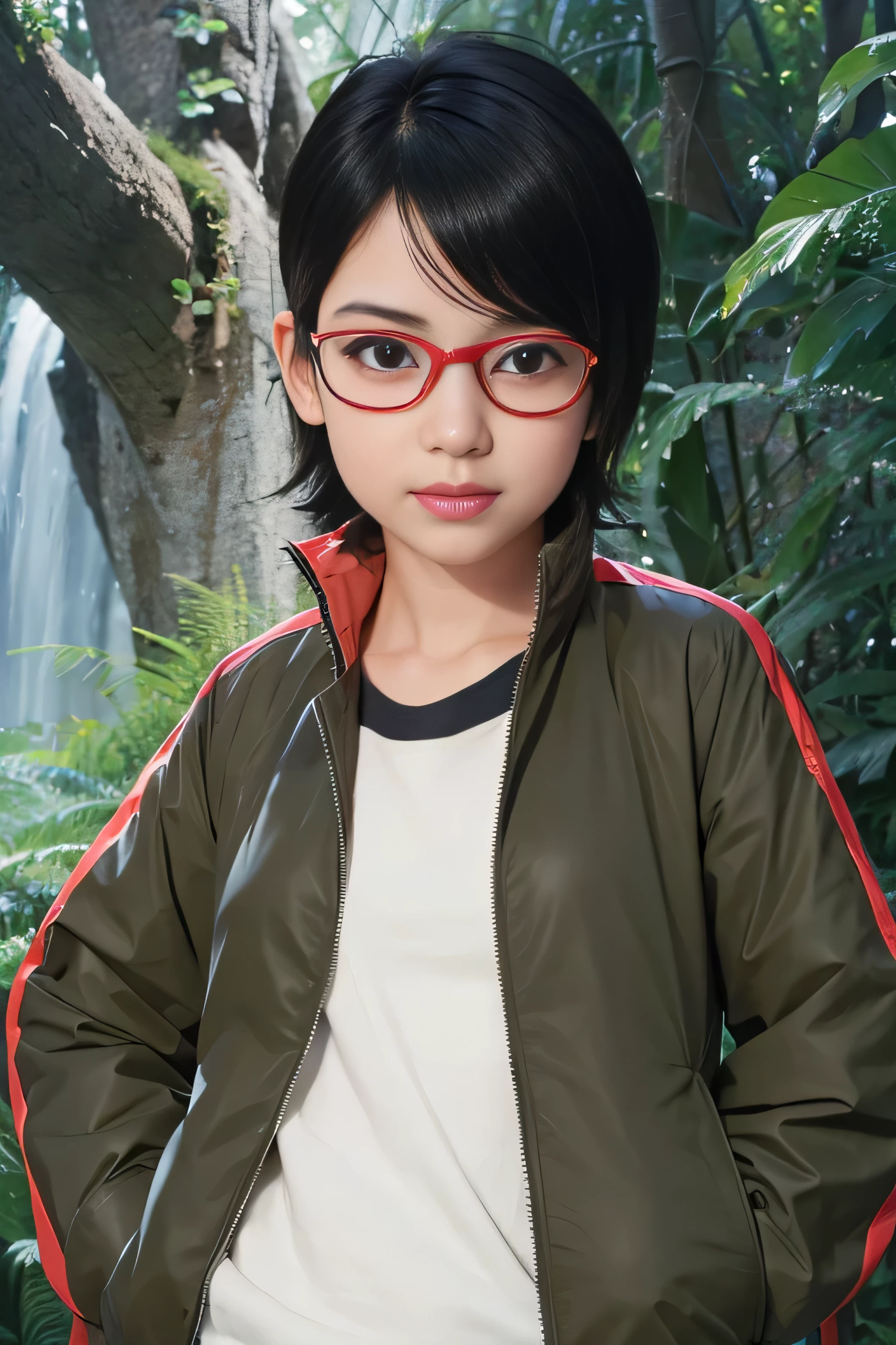 masterpiece, best quality, (realistic,photo-realistic:1.4), (RAW photo:1.2), extremely detailed CG unity 8k wallpaper, delicate and beautiful, amazing,finely detail, official art, absurdres, incredibly absurdres, huge filesize, ultra-detailed,extremely detailed eyes and face,light on face,sarada,(little smile),(black hair:1.4),(short hair:1.4),(wearing red framed glasses:1.4),(small breast:1.3),(wearing jacket:1.4),jungle