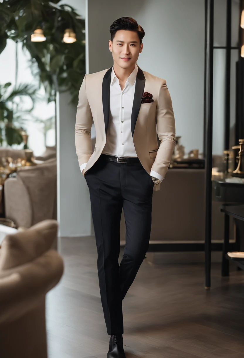 The 28-year-old refreshing and handsome employee has a smile on his face(real photos)(Natural light on face)、(Super handsome guy in S-class suit)、Japanese 28-year-old man、 merchant、suit、striped suit、Office floor-to-ceiling windows、 S class young handsome man standing in suit、(High-detail photos from CG Unity 8K)、(top quality)、Super detailed、(masterpiece)、 Ultra high quality、(masterpiece)、Ultra high quality、very beautiful hair、bright photos、As handsome as a model、As handsome as an idol、luxury watches.