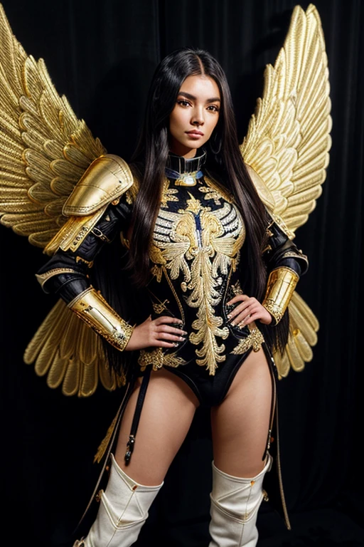 Best quality, 8K,woman, beautiful and detailed face, straight long hair,big eyelashes,(((black and gold embroided space armour))),((big open angel´s WHITE wings)),armlets,black belt,(((HANDS ON HIPS))),high heels over the knee boots,white neutral scenario,DYNAMIC ANGLE, ((dynamic pose))