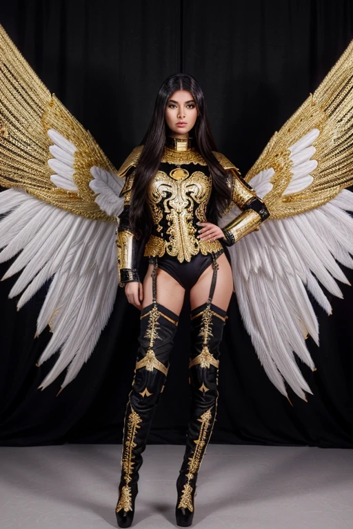 Best quality, 8K,woman, beautiful and detailed face, straight long hair,big eyelashes,(((black and gold embroided space armour))),((big open angel´s WHITE wings)),armlets,black belt,(((HANDS ON HIPS))),high heels over the knee boots,white neutral scenario,DYNAMIC ANGLE, ((dynamic pose))