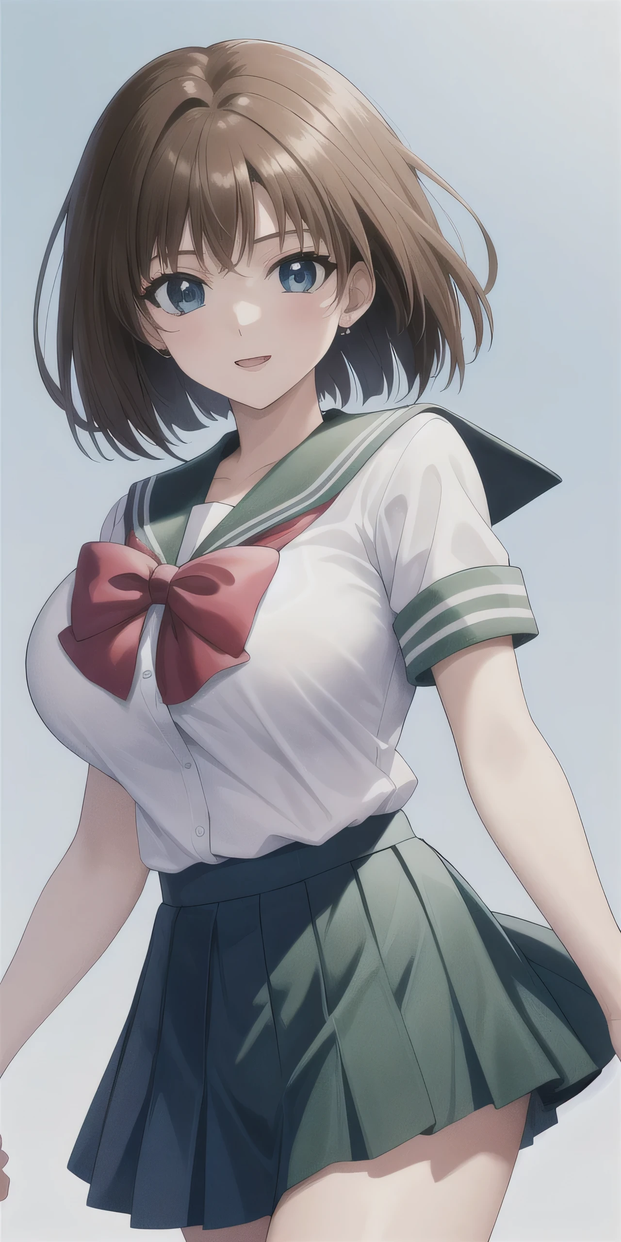 Kyoko Masaki、Big Breasts、A woman with very large breasts、Anime Women、solo、Short Hair、brown hair、Green eyes、Bobcut、School_uniform_green_Sailor_collar_Sailor clothes_red_neckerchief_Short sleeve_green_skirt、masterpiece、Highest_quality、detailed_face、detailed_eye、High resolution、beautiful、detailed、Absurd、