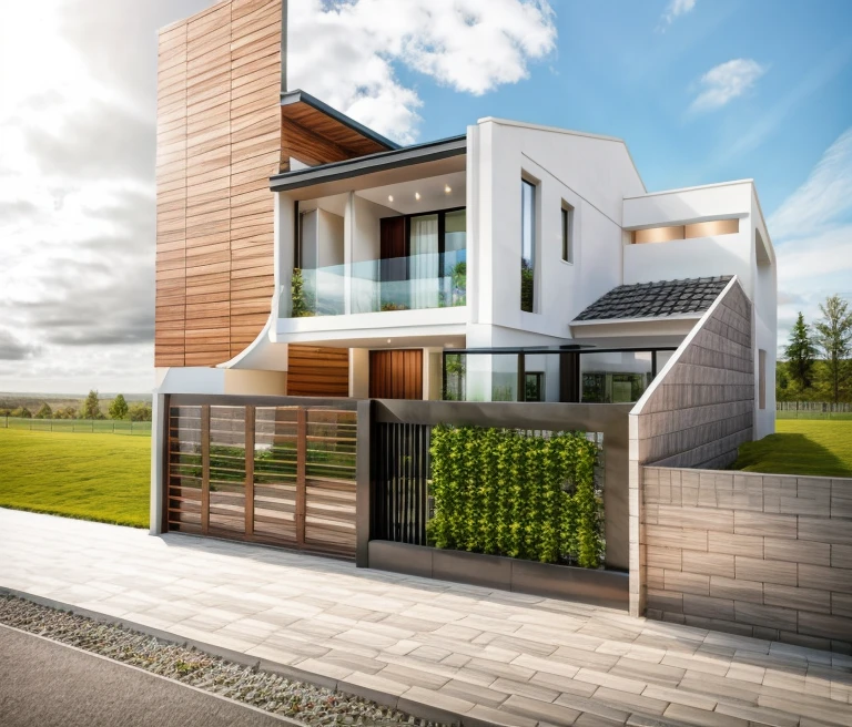 exterior house, contemporary style, white wall, wood wall, wood door, glass window, (realistic:1.2), Masterpiece, high quality, best quality, authentic, super detail, outdoors,road,pavement, grass, trees, sky, cloud, (daylight:1.1)

