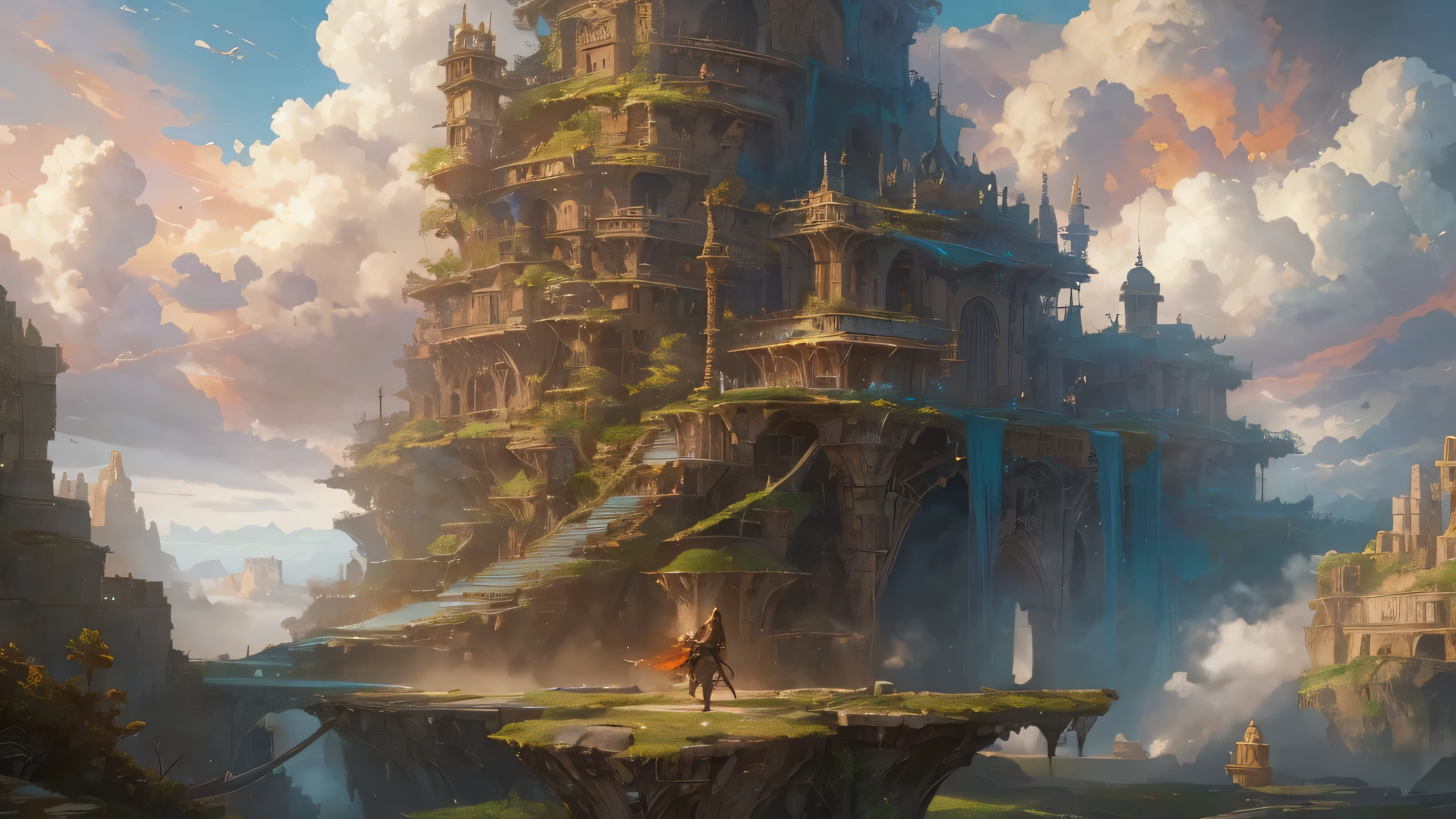 (by Greg Rutkowski: 1.2), (masterpiece), ((best quality)), extremely delicate and beautiful, illustration, (fantasy landscape), A mesmerizing fantasy with enchanting elements blending seamlessly. ((majestic lost city above the cloud and towering sky, magical glowing particle, vibrant dreamy colorful sky and fluffy clouds, from final fantasy x)), A sense of tranquility and wonder fills the air, inviting exploration and discovery. From Brian Froud and Carne Griffiths and Wadim Kashin and John William Waterhouse, 8K post-production, high resolution, hyperdetailed, depth of field, HDR, intricate