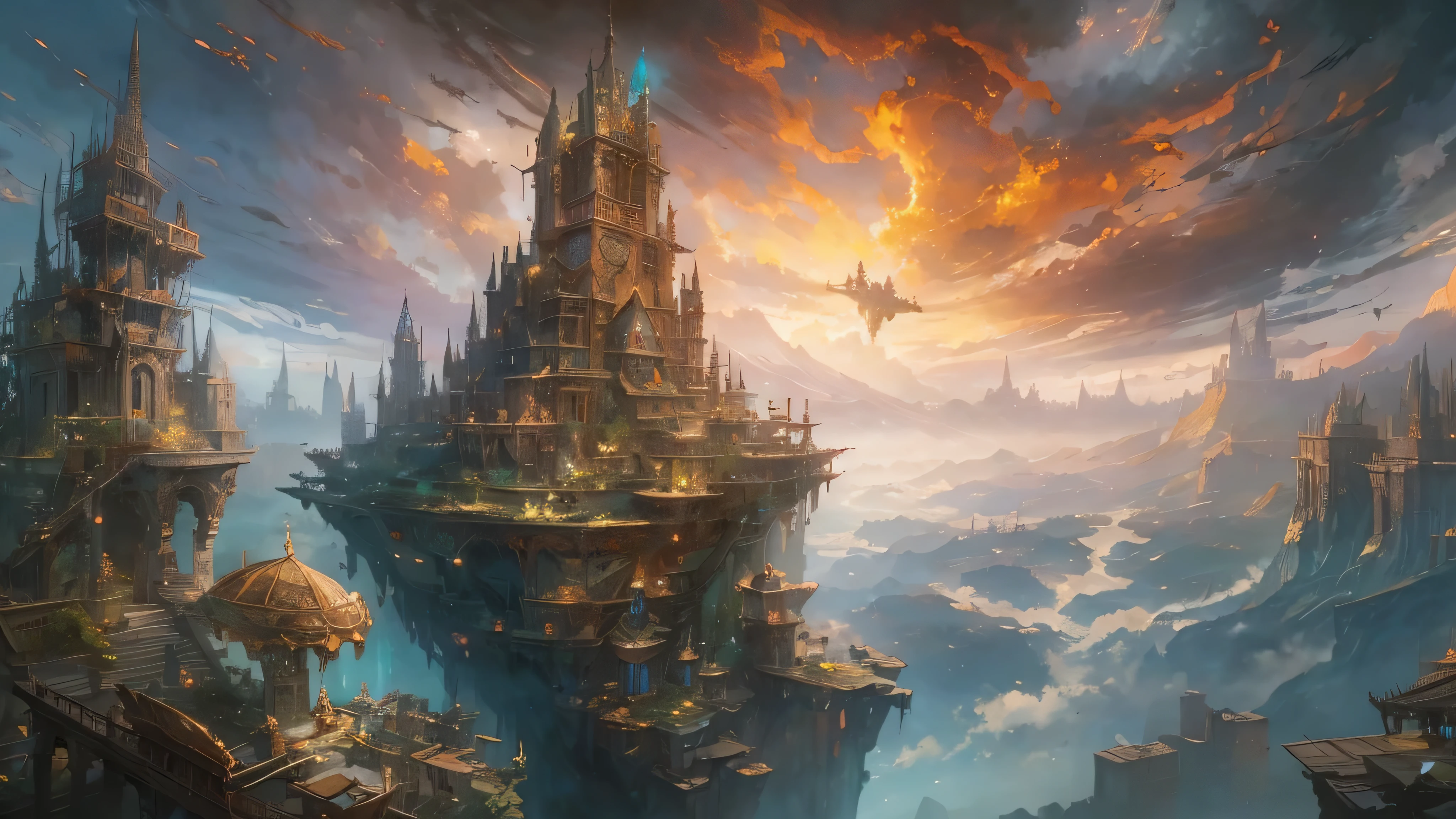 (by Greg Rutkowski: 1.2), (masterpiece), ((best quality)), extremely delicate and beautiful, illustration, (fantasy landscape), A mesmerizing fantasy with enchanting elements blending seamlessly. ((majestic lost city above the cloud and towering sky, magical glowing particle, vibrant dreamy colorful sky and fluffy clouds, from final fantasy x)), A sense of tranquility and wonder fills the air, inviting exploration and discovery. From Brian Froud and Carne Griffiths and Wadim Kashin and John William Waterhouse, 8K post-production, high resolution, hyperdetailed, depth of field, HDR, intricate