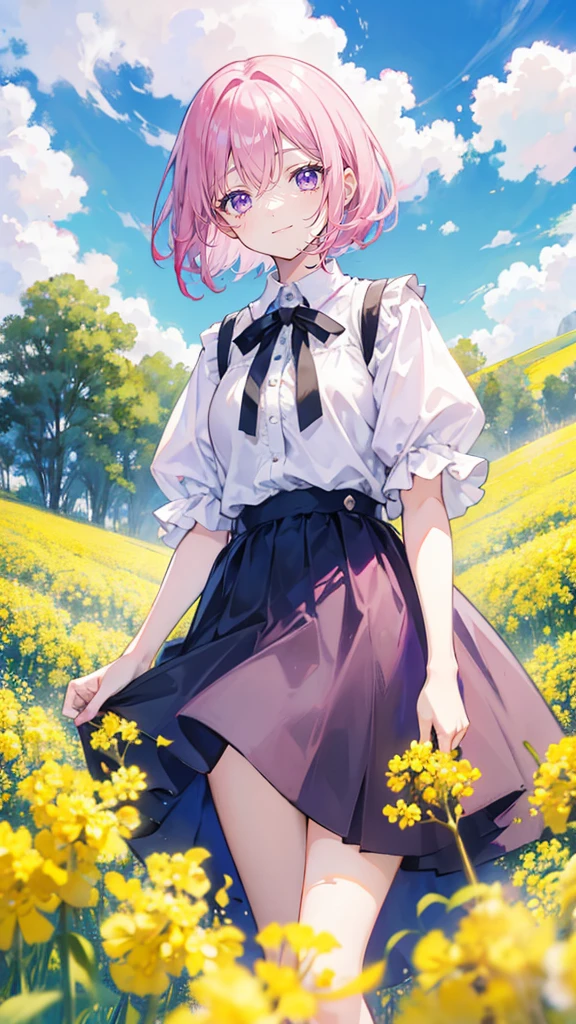 Pink hair,Purple Eyes,short hair,sister head,Black hairpin,Girl,cute,Laughing happy expression,White shirt,skirt,Standing on the ground,whole body,Don't show your arms,Canola flowers in the background,Lots of canola flowers,Blue sky and white clouds