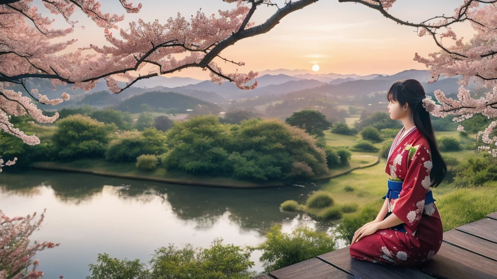Japanese Countryside: A Scene of Nostalgia and Tranquility in 8K resolution
The Japanese countryside bathes in the soft glow of the setting sun, evoking a sense of nostalgia and peace of mind. In the distance, a young Japanese girl is visible against the backdrop of the coastal landscape. Dressed in traditional Japanese attire, she appears lost in thought, her serene expression reflecting the tranquility of the surroundings.
Her kimono is intricately patterned with delicate cherry blossoms and falling leaves, the folds in her obi perfectly captured in the ultra HDTV's 8K resolution. The girl's long, dark hair