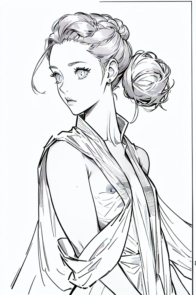 (extremely delicate and beautiful:1.2), 8k,(masterpiece:1.0),(best_quality:1.0), best quality, high resolution, (((clean background))), high contrast, ((1girl, mature woman)), sone-drawing, monochromes, sketch, Pencil drawing, comic strip、manga comics, white background, clean line drawings, vibrant colors, undress, (((hair bun hairstyle:1.2))), (((nude))), ((((equal eyes, sharp look:1.2, perfect eyes)))),