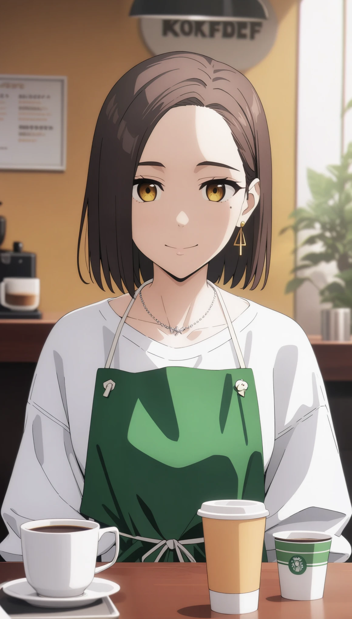 (masterpiece, best quality, very aesthetic, ultra detailed), intricate details,
1girl, kotohadef, short hair, mole, earrings, jewelry, collarbone, white shirt, green apron, smile, cafe, cup, looking at viewer,