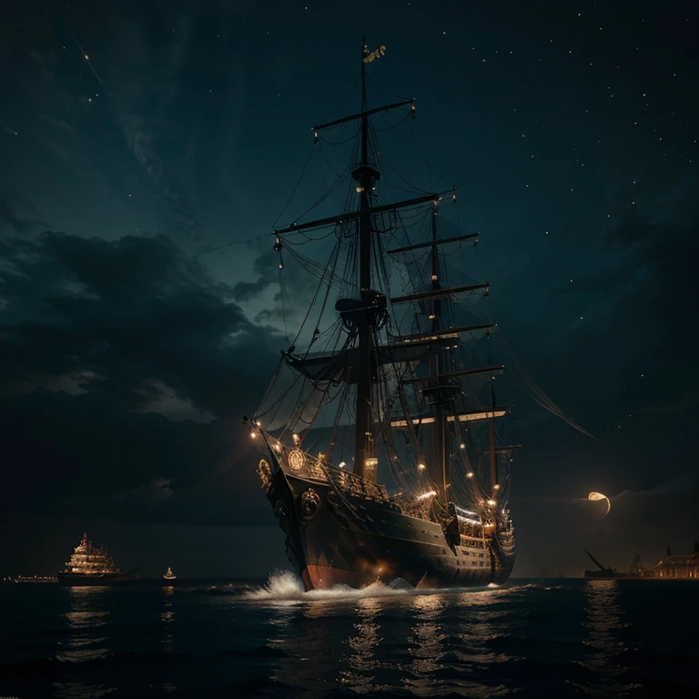 dystopian style ethereal fantasy concept art of Digital illustration, A Spanish pirate ship, majestic and foreboding, moored in the bustling port of a pirate town at night. The ship's intricate design and towering masts stand out against the dark night sky, illuminated by the flickering lights from the town. The town itself is alive with activity, its streets teeming with people from all walks of pirate life