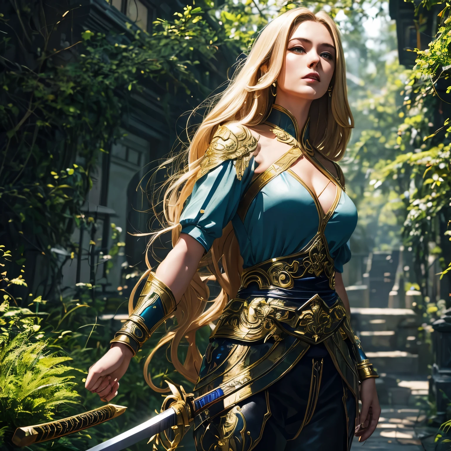 The most beautiful woman, exuding sheer sex appeal, graces the scene in resplendent blue-gold samurai armor. Her agile movements are a sight to behold as she navigates the mossy temple with grace and poise. The katana sword she wields glints in the dappled sunlight filtering through the temple's ancient windows. Her every step is a testament to her strength and vitality. The armor clings to her curves, revealing her fit physique and toned muscles. Her long, flowing golden hair cascades down her back, catching the light and illuminating her divine presence. Her almond-shaped eyes, a striking contrast to the lush gre