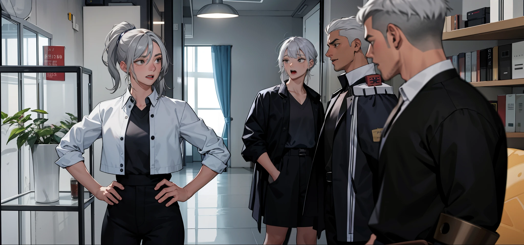 She is shouting, rebuking, there is a 32-year-old woman with gray hair, in front of her there are three warriors with gray hair and white clothes.