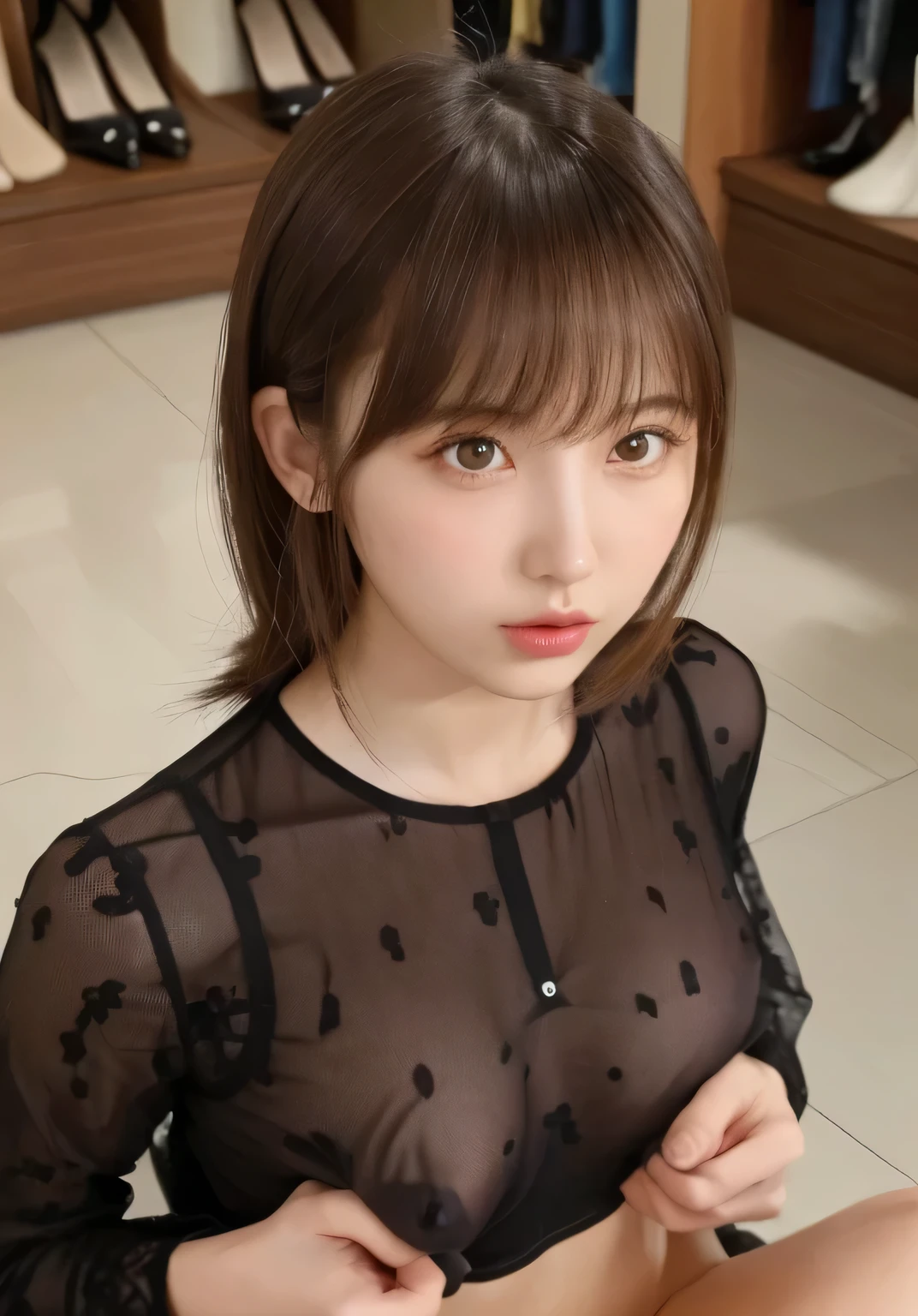 (NSFW:1.2)、one Japanese girl, (a beauty girl, delicate girl:1.3), (:1.0),
break, (summer、 blouse:1.3),
break, (The viewer tries on shoes at a shoe store:1.3),
break, Extremely fine resolution, (Symmetrical eyes:1.3),
break, Small breasts, Brown eyes, Parted bangs, brown hair, girl,
break, (Eye and facial details:1.0)
break, (masterpiece, highest quality, Very detailed, Detailed face, 8K)、(Nipples visible through gaps in clothes:1.4)、stand、slouch、face down、Wipe the floor、(paizuri:1.4)、The viewer grabs the chest